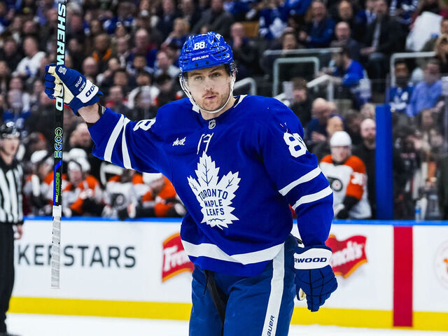 TORONTO, ON - MARCH 25: William Nylander #88 of the Toronto Maple Leafs celebrates scoring a goal against the Philadelphia Flyers during the second period at the Scotiabank Arena on March 25, 2025 in Toronto, Ontario, Canada.
