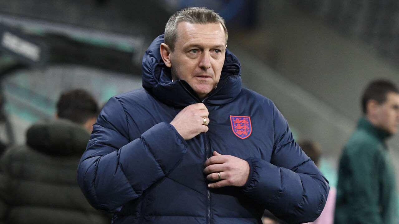 LJUBLJANA, SLOVENIA - MARCH 28: Aidy Boothroyd, Manager of England looks on prior to the 2021 UEFA European Under-21 Championship Group D match between Portugal and England at Stadion Stozice on March 28, 2021 in Ljubljana, Slovenia. Sporting stadiums around Slovenia remain under strict restrictions due to the Coronavirus Pandemic as Government social distancing laws prohibit fans inside venues resulting in games being played behind closed doors.