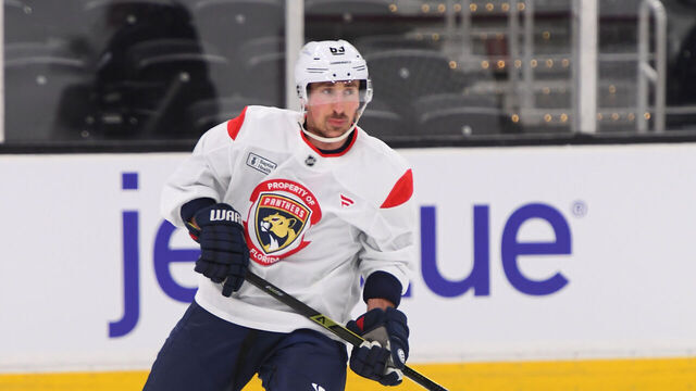 BOSTON, MASSACHUSETTS - MARCH 11: Brad Marchand #63 of the Florida Panthers practices before the game against the Boston Bruins on March 11, 2025, at the TD Garden in Boston, Massachusetts.