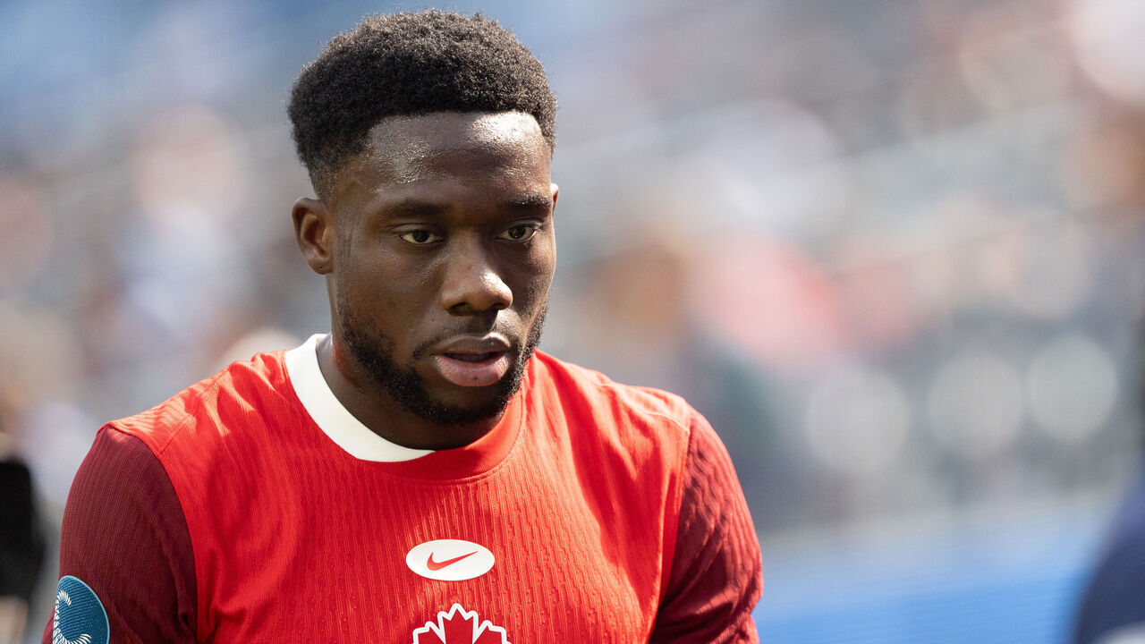 INGLEWOOD, CALIFORNIA - MARCH 23: Alphonso Davies of Canada looks on during the CONCACAF Nations League third-place match between United States and Canada at SoFi Stadium on March 23, 2025 in Inglewood, California.