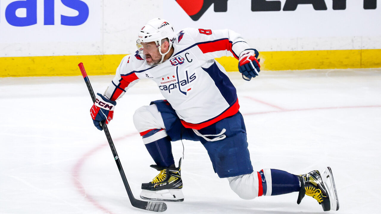 WINNIPEG, CANADA - MARCH 25: Alex Ovechkin #8 of the Washington Capitals celebrates his third period goal against the Winnipeg Jets at the Canada Life Centre on March 25, 2025 in Winnipeg, Manitoba, Canada.