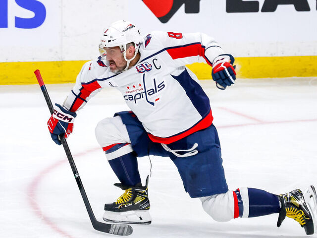 WINNIPEG, CANADA - MARCH 25: Alex Ovechkin #8 of the Washington Capitals celebrates his third period goal against the Winnipeg Jets at the Canada Life Centre on March 25, 2025 in Winnipeg, Manitoba, Canada.