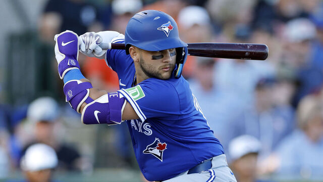 SARASOTA, FL - MARCH 18: Toronto Blue Jays shortstop Bo Bichette (11) bats during an MLB Spring Training baseball game against the Baltimore Orioles on March 18, 2025 at Ed Smith Stadium in Sarasota, Florida.