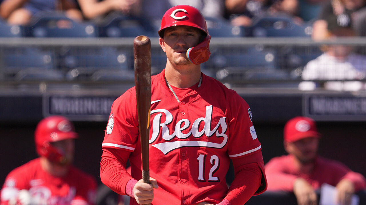 PEORIA, ARIZONA - MARCH 10: Austin Hays #12 of the Cincinnati Reds bats during a spring training game against the San Diego Padres at Peoria Stadium on March 10, 2025 in Peoria, Arizona.