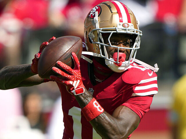 SANTA CLARA, CALIFORNIA - OCTOBER 20: Brandon Aiyuk #11 of the San Francisco 49ers warms up prior to the start of the game against the Kansas City Chiefs at Levi's Stadium on October 20, 2024 in Santa Clara, California.