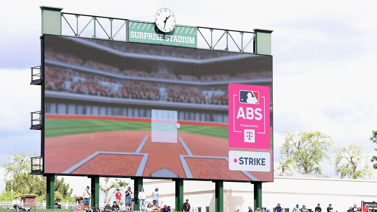 SURPRISE, ARIZONA - MARCH 12: The video board displays the Automated Ball-Strike (ABS) system on a challenge in the second inning of the MLB game at Surprise Stadium on March 12, 2025 in Surprise, Arizona.