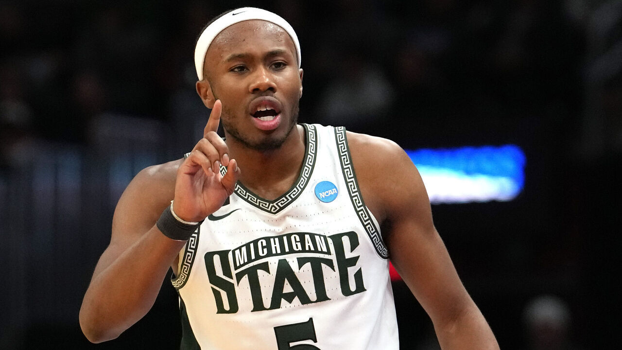 CLEVELAND, OHIO - MARCH 23: Tre Holloman #5 of the Michigan State Spartans seen in action during the second round of the 2025 NCAA Men's Basketball Tournament against the New Mexico Lobos at Rocket Mortgage Fieldhouse on March 23, 2025 in Cleveland, Ohio.