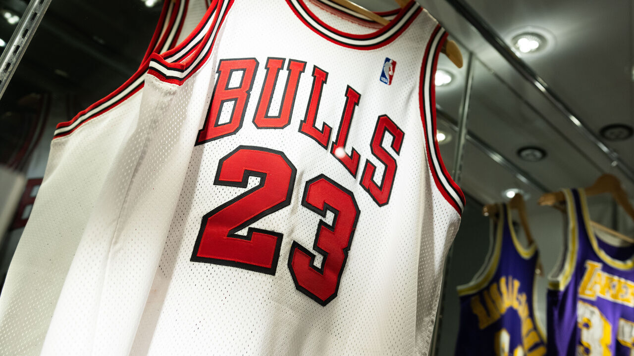 NEW YORK, NEW YORK - FEBRUARY 01: A Michael Jordan 1997-1998 'The Last Dance' game-worn Chicago Bulls Jersey in an auction titled ZENITH | PART II is on display at Sotheby's on February 01, 2023 in New York City.