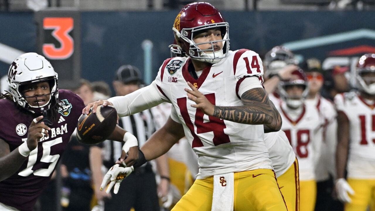 LAS VEGAS, NEVADA - DECEMBER 27: Jayden Maiava #14 of the USC Trojans looks to pass against the Texas A&M Aggies during second half of the SRS Distribution Las Vegas Bowl at Allegiant Stadium on December 27, 2024 in Las Vegas, Nevada. The Trojans defeated the Aggies 35-31.