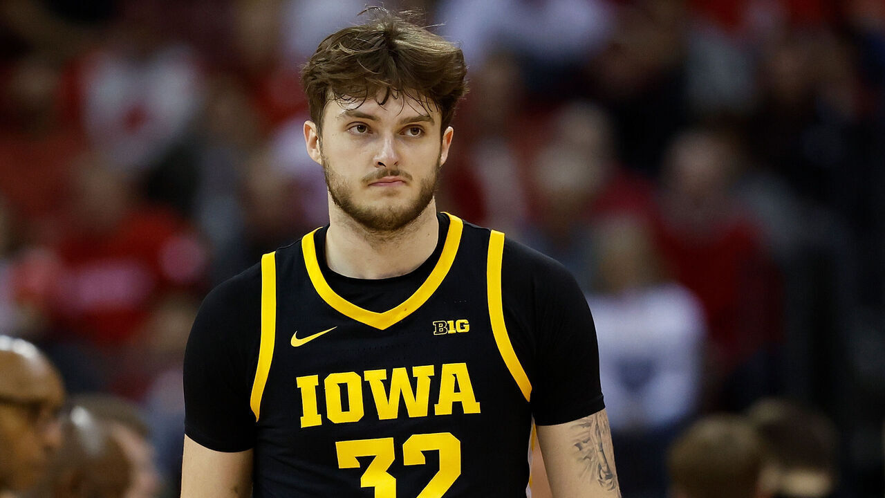 MADISON, WISCONSIN - JANUARY 03: Owen Freeman #32 of the Iowa Hawkeyes walks down court in the first half of the game against the Wisconsin Badgers at Kohl Center on January 03, 2025 in Madison, Wisconsin.