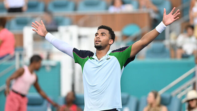 MIAMI GARDENS, FL - MARCH 26: Arthur Fils (FRA), wins his match against Alexander Zverev (GER), not pictured, during the men's singles quarter finals at the Miami Open on March 26, 2025, at Hard Rock Stadium in Miami Gardens, Florida.