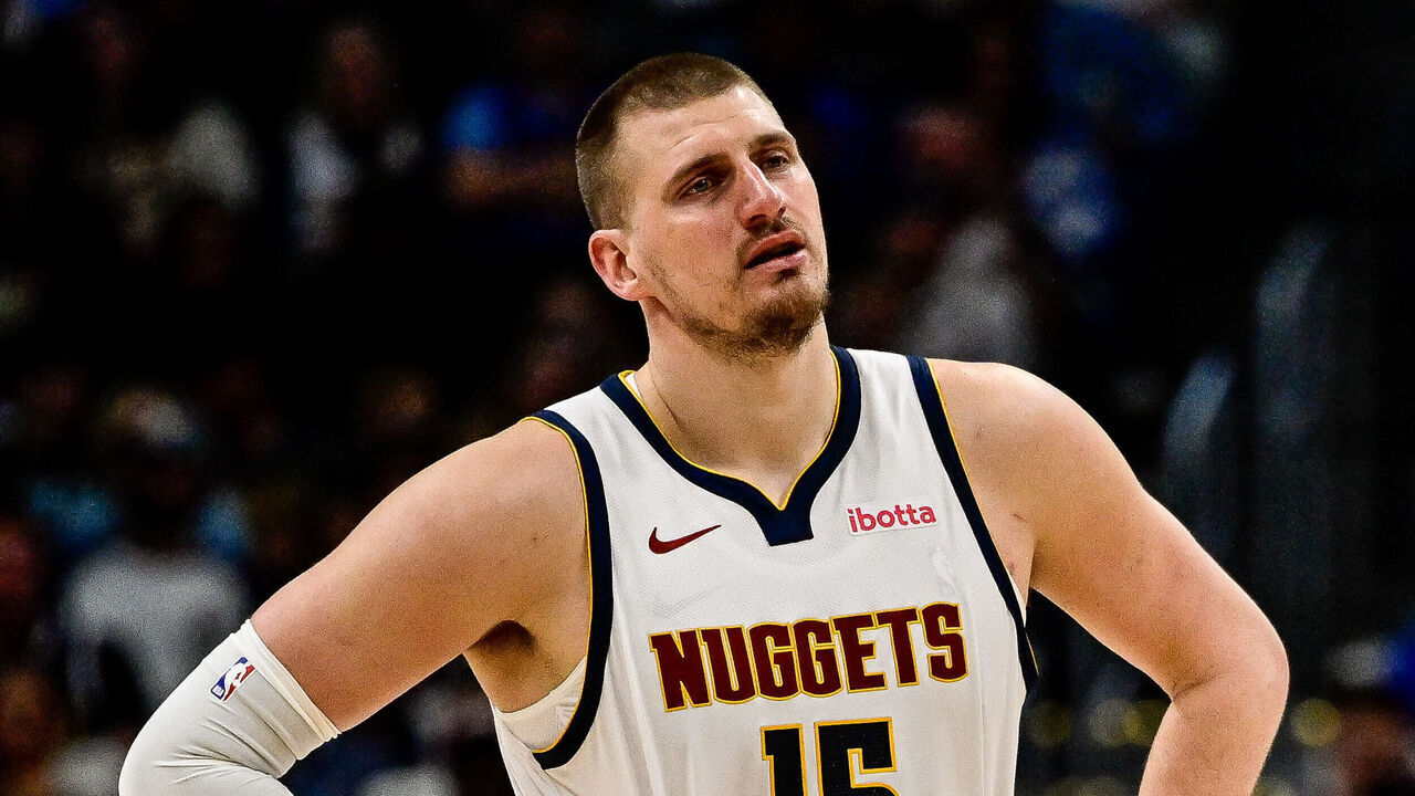 DENVER, COLORADO - MARCH 15: Nikola Jokic #15 of the Denver Nuggets looks on in the second half against the Washington Wizards at Ball Arena on March 15, 2025 in Denver, Colorado.
