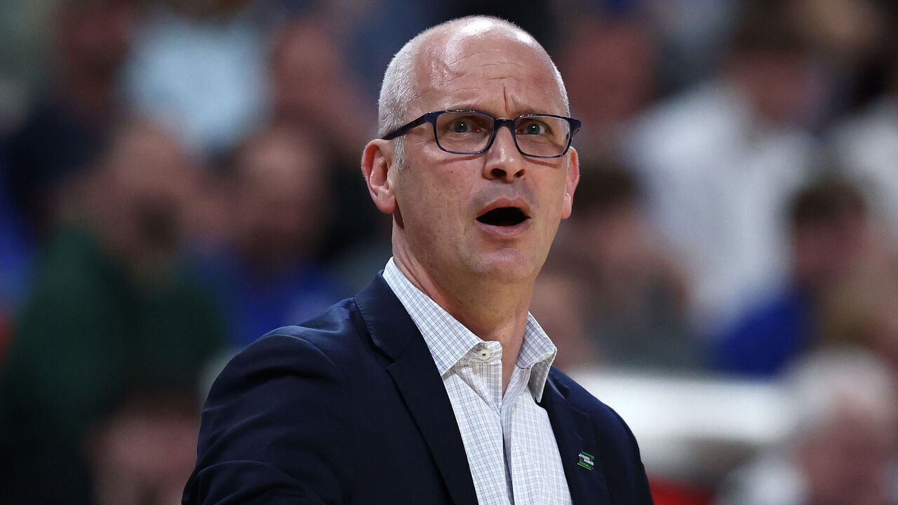 RALEIGH, NORTH CAROLINA - MARCH 23: Head coach Dan Hurley of the Connecticut Huskies reacts in the second round of the NCAA Men's Basketball Tournament against the Florida Gators at Lenovo Center on March 23, 2025 in Raleigh, North Carolina.
