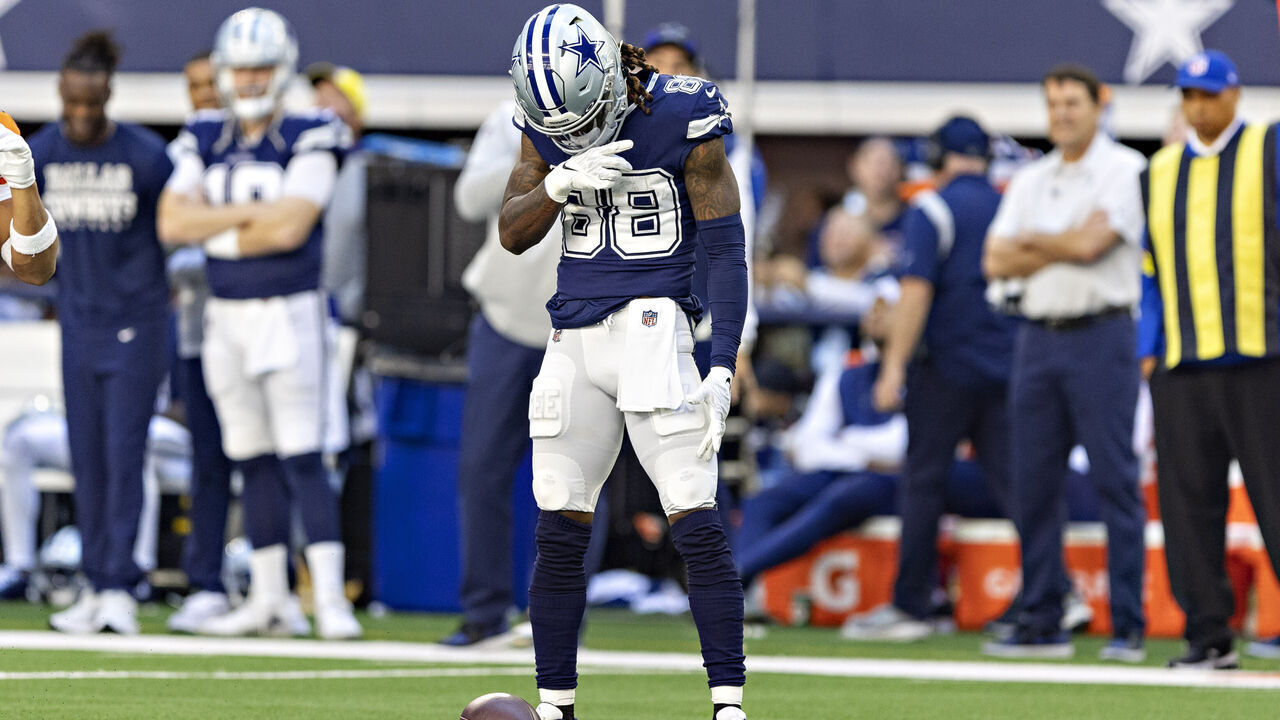 ARLINGTON, TEXAS - OCTOBER 30: CeeDee Lamb #88 of the Dallas Cowboys celebrates over the ball after catching a pass for a first down during a game against the Chicago Bears at AT&T Stadium on October 30, 2022 in Arlington, Texas. The Cowboys defeated the Bears 49-29.