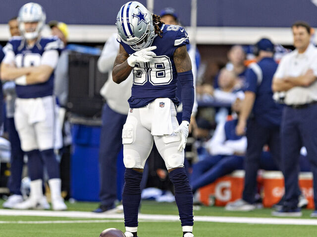 ARLINGTON, TEXAS - OCTOBER 30: CeeDee Lamb #88 of the Dallas Cowboys celebrates over the ball after catching a pass for a first down during a game against the Chicago Bears at AT&T Stadium on October 30, 2022 in Arlington, Texas. The Cowboys defeated the Bears 49-29.