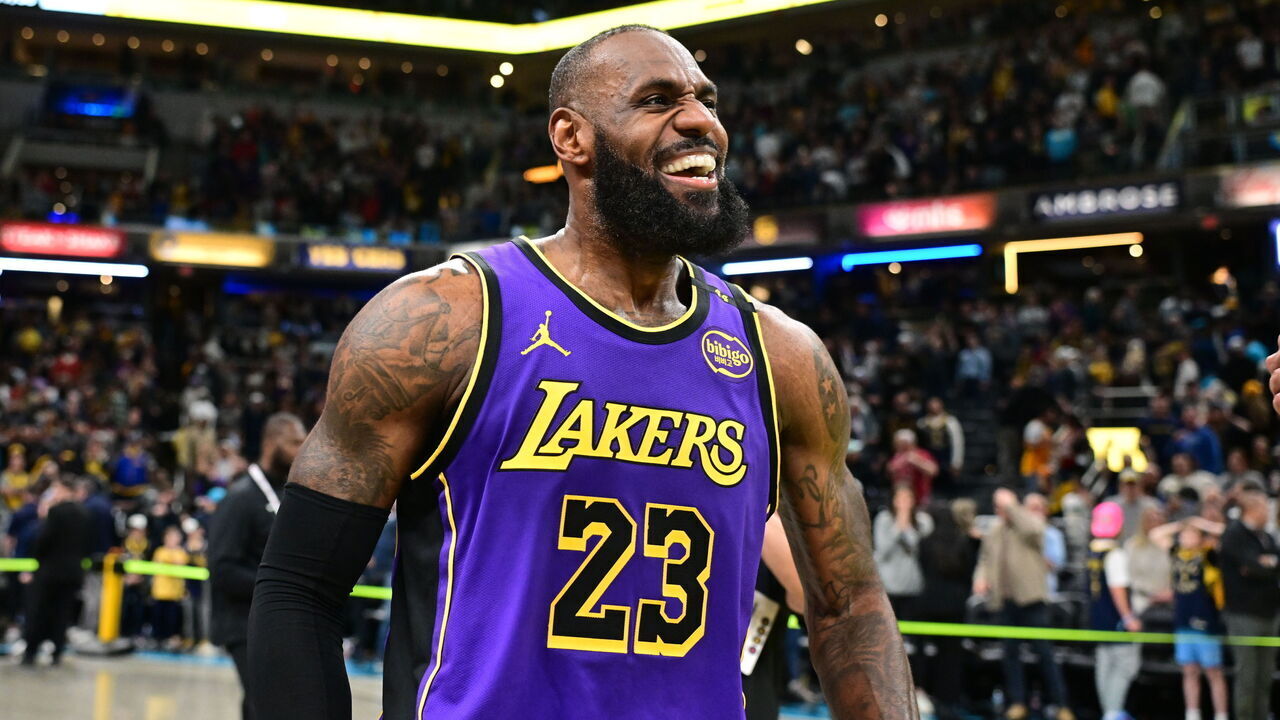 INDIANAPOLIS, IN - MARCH 26: LeBron James #23 of the Los Angeles Lakers smiles after the game against the Indiana Pacers on March 26, 2025 at Gainbridge Fieldhouse in Indianapolis, Indiana. Mandatory Copyright Notice: Copyright 2025 NBAE