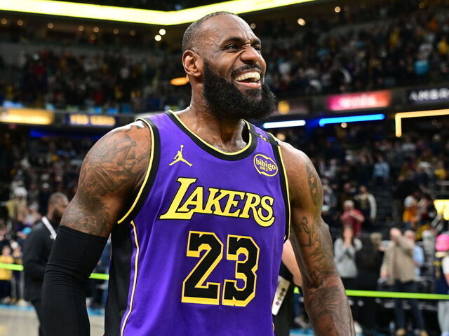 INDIANAPOLIS, IN - MARCH 26: LeBron James #23 of the Los Angeles Lakers smiles after the game against the Indiana Pacers on March 26, 2025 at Gainbridge Fieldhouse in Indianapolis, Indiana. Mandatory Copyright Notice: Copyright 2025 NBAE