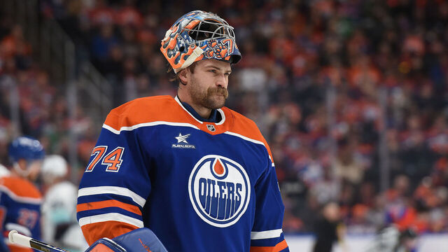EDMONTON, CANADA - MARCH 22: Stuart Skinner #74 of the Edmonton Oilers looks on during a stoppage in play during the game against the Seattle Kraken at Rogers Place on March 22, 2025 in Edmonton, Alberta, Canada.