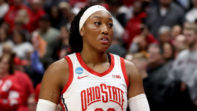 COLUMBUS, OHIO - MARCH 23: Cotie McMahon #32 of the Ohio State Buckeyes walks off of the court after being defeated by the Tennessee Lady Volunteers during a second round game of the NCAA Women's Basketball Tournament at Jerome Schottenstein Center on March 23, 2025 in Columbus, Ohio. Tennessee defeated Ohio State 82-67 to advance to the Sweet Sixteen.