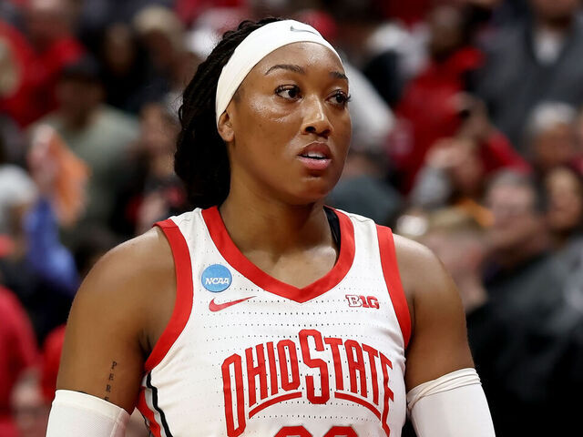 COLUMBUS, OHIO - MARCH 23: Cotie McMahon #32 of the Ohio State Buckeyes walks off of the court after being defeated by the Tennessee Lady Volunteers during a second round game of the NCAA Women's Basketball Tournament at Jerome Schottenstein Center on March 23, 2025 in Columbus, Ohio. Tennessee defeated Ohio State 82-67 to advance to the Sweet Sixteen.