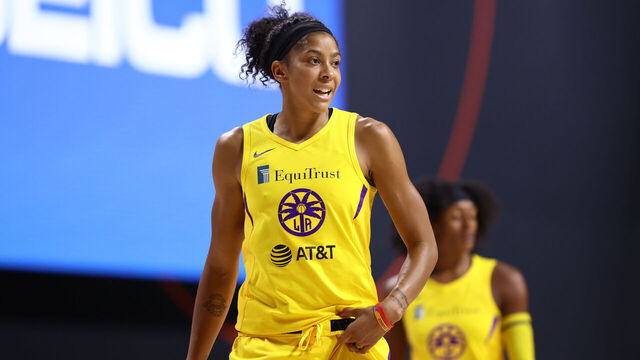 PALMETTO, FL - SEPTEMBER 10: Candace Parker #3 of the Los Angeles Sparks looks on during the game against the Washington Mystics on September 10, 2020 at Feld Entertainment Center in Palmetto, Florida. NOTE TO USER: User expressly acknowledges and agrees that, by downloading and/or using this Photograph, user is consenting to the terms and conditions of the Getty Images License Agreement. Mandatory Copyright Notice: Copyright 2020 NBAE