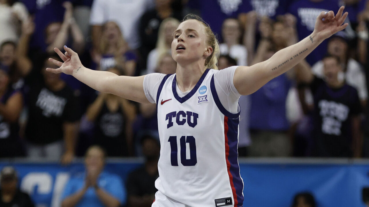 FORT WORTH, TX- MARCH 23: Hailey Van Lith #10 of the TCU Horned Frogs celebrates against the Louisville Cardinals late in the second half of a Second Round game of the women's NCAA basketball tournament at Schollmaier Arena on March 23, 2025 in Fort Worth, Texas.