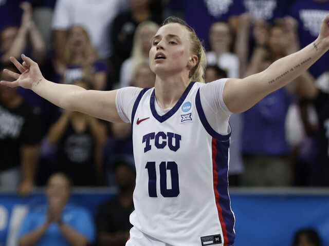 FORT WORTH, TX- MARCH 23: Hailey Van Lith #10 of the TCU Horned Frogs celebrates against the Louisville Cardinals late in the second half of a Second Round game of the women's NCAA basketball tournament at Schollmaier Arena on March 23, 2025 in Fort Worth, Texas.
