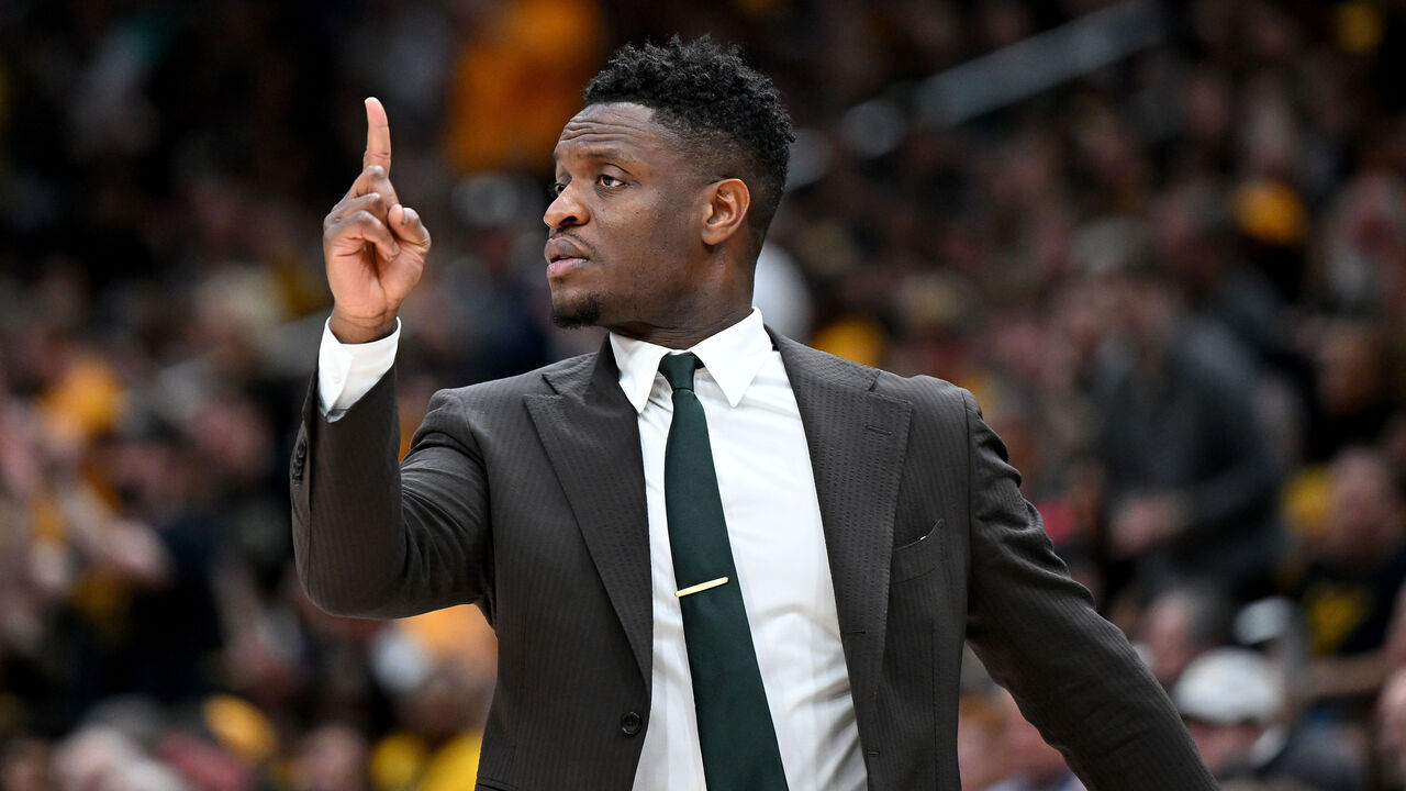 WASHINGTON, DC - MARCH 16: Head coach Tony Skinn of the George Mason Patriots looks on against the Virginia Commonwealth Rams during the championship game of the A10 men's basketball tournament at Capital One Arena on March 16, 2025 in Washington, DC.