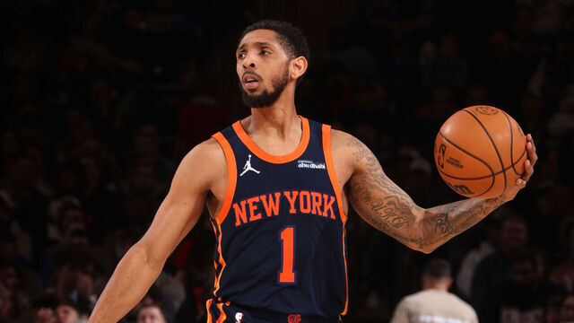 NEW YORK, NY - MARCH 25: Cameron Payne #1 of the New York Knicks dribbles the ball during the game against the Dallas Mavericks on March 25, 2025 at Madison Square Garden in New York City, New York. Mandatory Copyright Notice: Copyright 2025 NBAE
