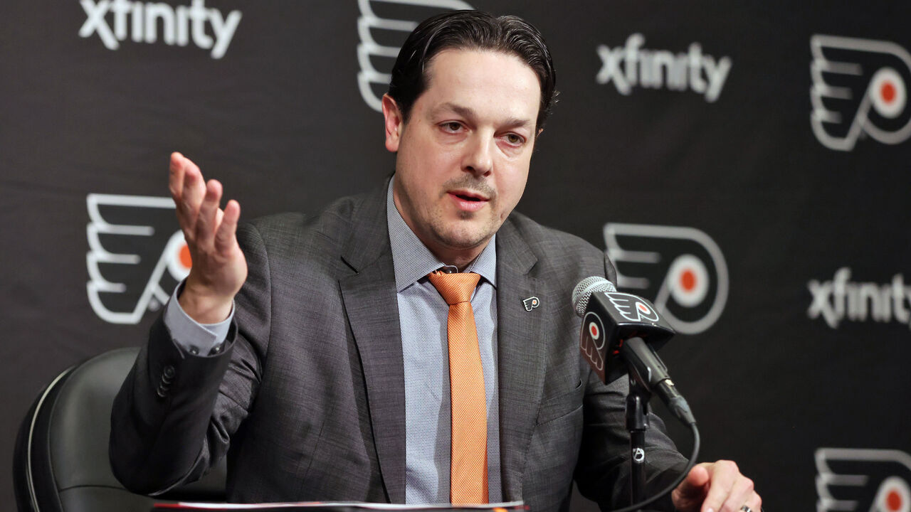 PHILADELPHIA, PENNSYLVANIA - MARCH 27: General Manager Daniel Briere of the Philadelphia Flyers addresses the media regarding the firing of Head Coach John Tortorella prior to an NHL game against the Montreal Canadiens at the Wells Fargo Center on March 27, 2025 in Philadelphia, Pennsylvania.