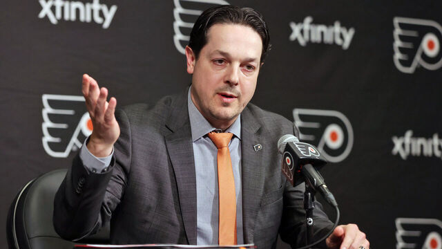 PHILADELPHIA, PENNSYLVANIA - MARCH 27: General Manager Daniel Briere of the Philadelphia Flyers addresses the media regarding the firing of Head Coach John Tortorella prior to an NHL game against the Montreal Canadiens at the Wells Fargo Center on March 27, 2025 in Philadelphia, Pennsylvania.