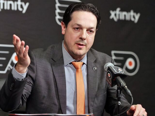 PHILADELPHIA, PENNSYLVANIA - MARCH 27: General Manager Daniel Briere of the Philadelphia Flyers addresses the media regarding the firing of Head Coach John Tortorella prior to an NHL game against the Montreal Canadiens at the Wells Fargo Center on March 27, 2025 in Philadelphia, Pennsylvania.