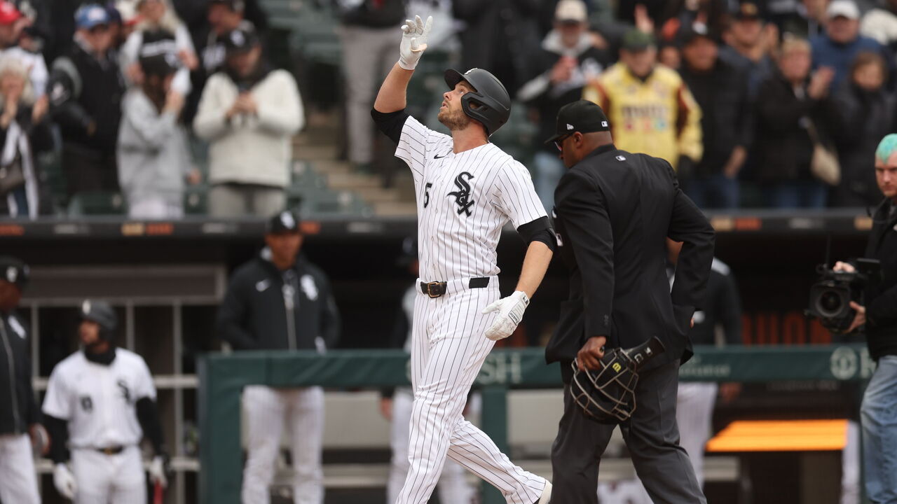 CHICAGO, ILLINOIS - MARCH 27: Austin Slater #15 of the Chicago White Sox celebrates after hitting a home run during the second inning against the Los Angeles Angels on Opening Day at Rate Field on March 27, 2025 in Chicago, Illinois.