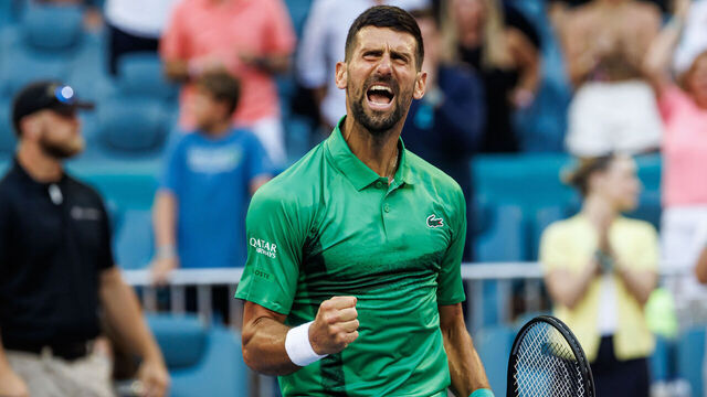 MIAMI GARDENS, FLORIDA - MARCH 27: Novak Djokovic of Serbia celebrates his victory over Sebastian Korda of the United States in the quarter finals of the men's singles at the Miami Open at the Hard Rock Stadium on March 27, 2025 in Miami Gardens, Florida.