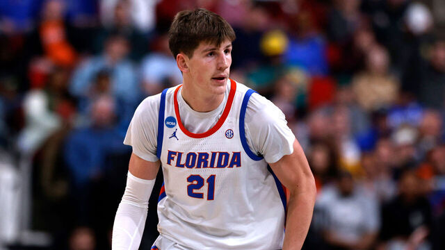 RALEIGH, NORTH CAROLINA - MARCH 21: Alex Condon #21 of the Florida Gators reacts following a three-point basket against the Norfolk State Spartans in the second half during a first round game of the men's NCAA basketball tournament at Lenovo Center on March 21, 2025 in Raleigh, North Carolina.