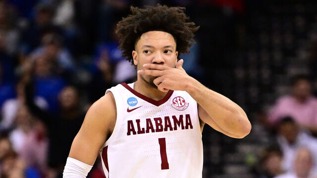 NEWARK, NEW JERSEY - MARCH 27: Mark Sears #1 of the Alabama Crimson Tide reacts after shooting a three-point basket during the second half of the game against the Brigham Young Cougars of the Sweet Sixteen round of the 2025 NCAA Men's Basketball Tournament held at Prudential Center on March 27, 2025 in Newark, New Jersey.