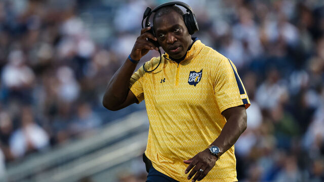 STATE COLLEGE, PA - SEPTEMBER 21: Head coach Kenni Burns of the Kent State Golden Flashes looks on against the Penn State Nittany Lions during the second half at Beaver Stadium on September 21, 2024 in State College, Pennsylvania.