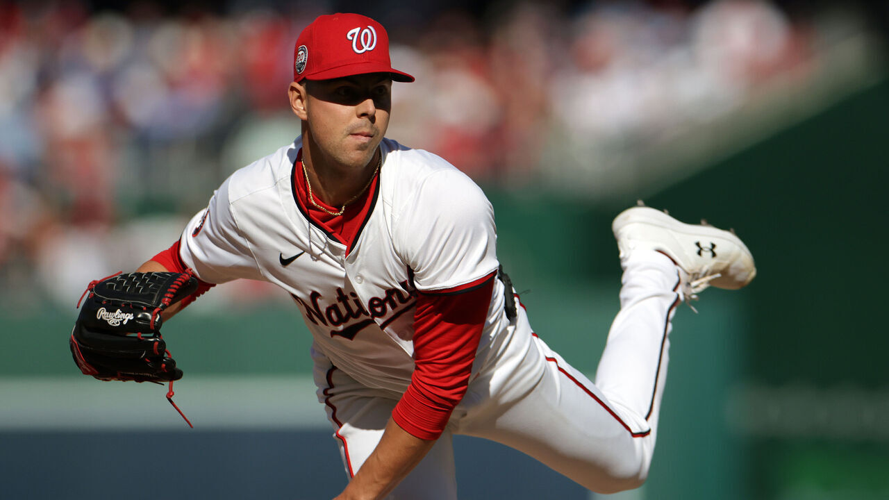 WASHINGTON, DC - MARCH 27: MacKenzie Gore #1 of the Washington Nationals throws a pitch in the second inning against the Philadelphia Phillies on Opening Day at Nationals Park on March 27, 2025 in Washington, DC.