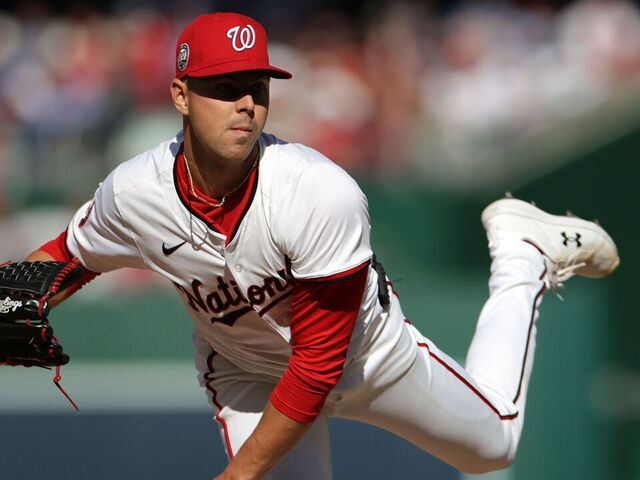 WASHINGTON, DC - MARCH 27: MacKenzie Gore #1 of the Washington Nationals throws a pitch in the second inning against the Philadelphia Phillies on Opening Day at Nationals Park on March 27, 2025 in Washington, DC.