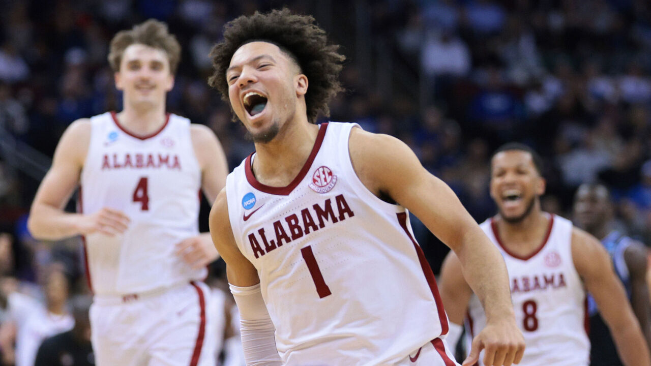 NEWARK, NEW JERSEY - MARCH 27: Mark Sears #1 of the Alabama Crimson Tide reacts during the second half of the game against the Brigham Young Cougars during the Sweet Sixteen round of the 2025 NCAA Men's Basketball Tournament held at Prudential Center on March 27, 2025 in Newark, New Jersey.