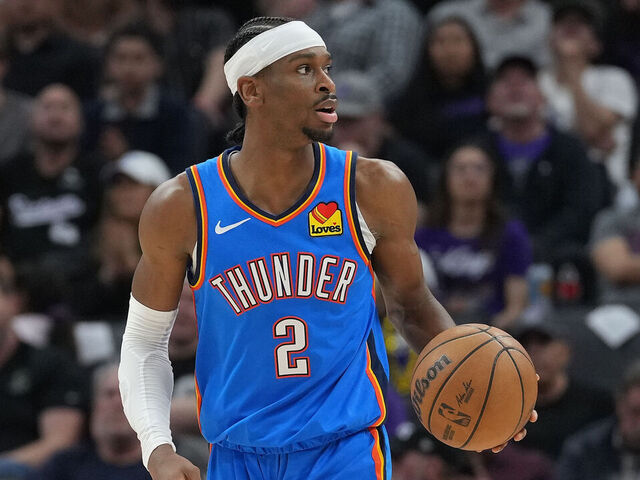SACRAMENTO, CALIFORNIA - MARCH 25: Shai Gilgeous-Alexander #2 of the Oklahoma City Thunder dribbles the ball up court against the Sacramento Kings during the first half of an NBA basketball game at Golden 1 Center on March 25, 2025 in Sacramento, California.