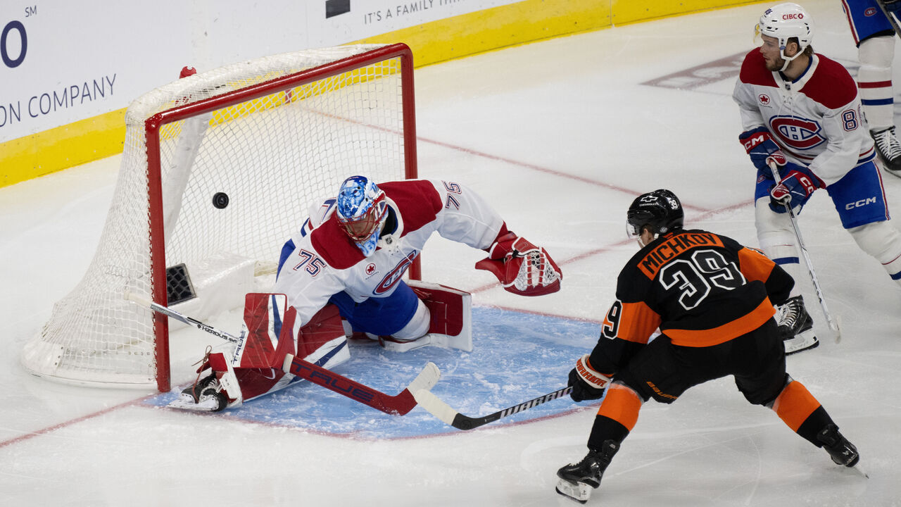 PHILADELPHIA, PA - MARCH 27: Philadelphia Flyers right wing Matvei Michkov (39) scores a goal during the game between the Montreal Canadiens and the Philadelphia Flyers on March 27th, 2025 at the Wells Fargo Center in Philadelphia, PA.