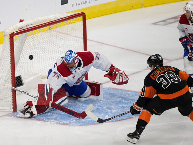 PHILADELPHIA, PA - MARCH 27: Philadelphia Flyers right wing Matvei Michkov (39) scores a goal during the game between the Montreal Canadiens and the Philadelphia Flyers on March 27th, 2025 at the Wells Fargo Center in Philadelphia, PA.
