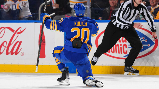 BUFFALO, NEW YORK - MARCH 27: Jiri Kulich #20 of the Buffalo Sabres celebrates his goal against the Pittsburgh Penguins during the second period of an NHL game at KeyBank Center on March 27, 2025 in Buffalo, New York.
