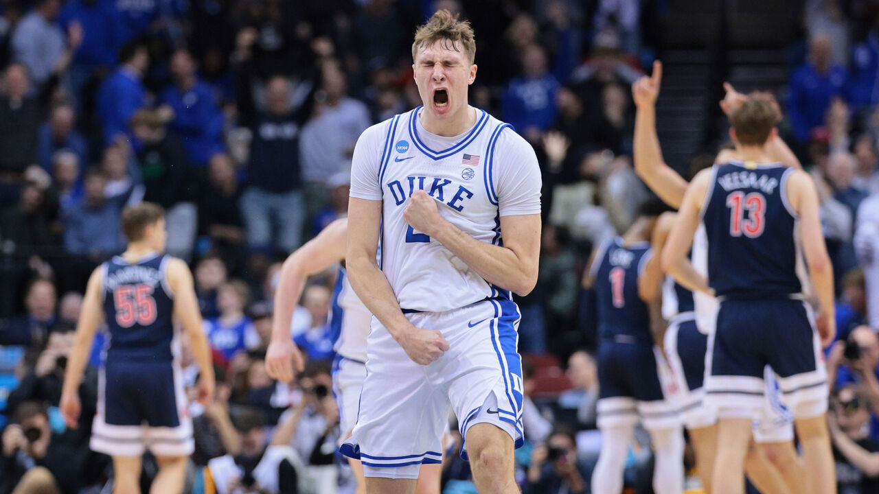 NEWARK, NEW JERSEY - MARCH 27: Cooper Flagg #2 of the Duke Blue Devils reacts to making a three point basket during the first half of the game against the Arizona Wildcats during the Sweet Sixteen round of the 2025 NCAA Men's Basketball Tournament held at Prudential Center on March 27, 2025 in Newark, New Jersey.