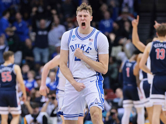 NEWARK, NEW JERSEY - MARCH 27: Cooper Flagg #2 of the Duke Blue Devils reacts to making a three point basket during the first half of the game against the Arizona Wildcats during the Sweet Sixteen round of the 2025 NCAA Men's Basketball Tournament held at Prudential Center on March 27, 2025 in Newark, New Jersey.