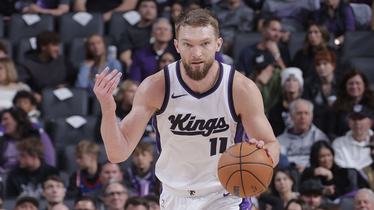 SACRAMENTO, CA - MARCH 27: Domantas Sabonis #11 of the Sacramento Kings dribbles the ball during the game against the Portland Trail Blazers on March 27, 2025 at Golden 1 Center in Sacramento, California. Mandatory Copyright Notice: Copyright 2025 NBAE