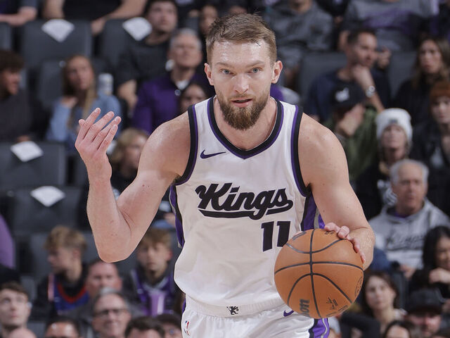 SACRAMENTO, CA - MARCH 27: Domantas Sabonis #11 of the Sacramento Kings dribbles the ball during the game against the Portland Trail Blazers on March 27, 2025 at Golden 1 Center in Sacramento, California. Mandatory Copyright Notice: Copyright 2025 NBAE