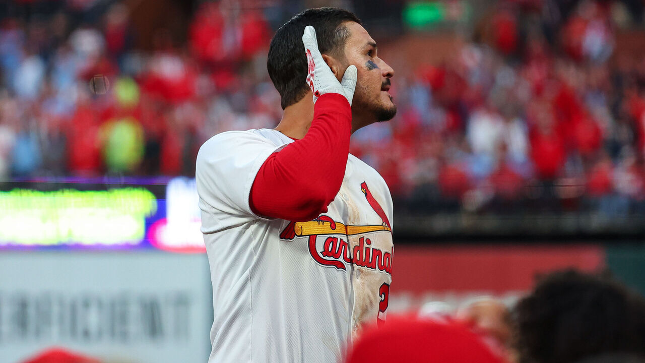 ST. LOUIS, MO - MARCH 27: Nolan Arenado #28 of the St. Louis Cardinals interacts with fans after winning the game between the Minnesota Twins and the St. Louis Cardinals at Busch Stadium on Thursday, March 27, 2025 in St. Louis, Missouri. The St. Louis Cardinals won 5-3.