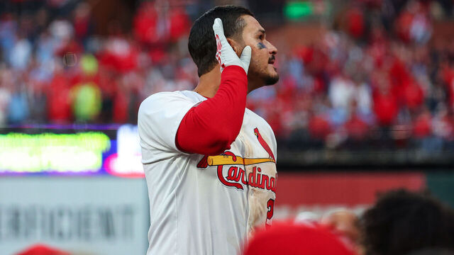 ST. LOUIS, MO - MARCH 27: Nolan Arenado #28 of the St. Louis Cardinals interacts with fans after winning the game between the Minnesota Twins and the St. Louis Cardinals at Busch Stadium on Thursday, March 27, 2025 in St. Louis, Missouri. The St. Louis Cardinals won 5-3.